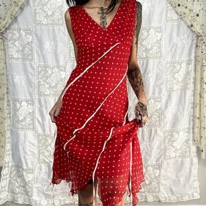 Robbie Bee Y2K 100% Silk Red Polka Dot Dress Bias Cut Handkerchief Hem Sz 8